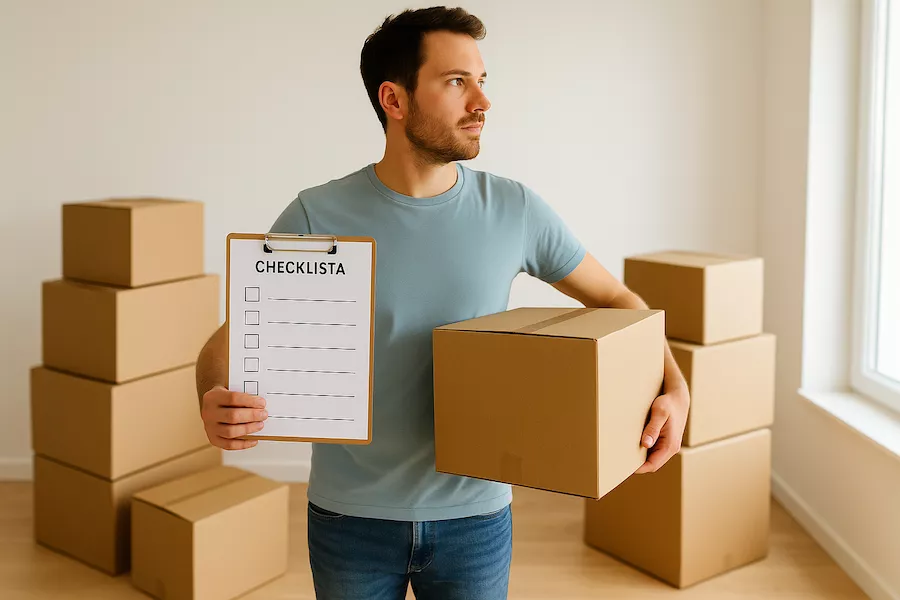 En person flyttar själv med kartonger och checklista